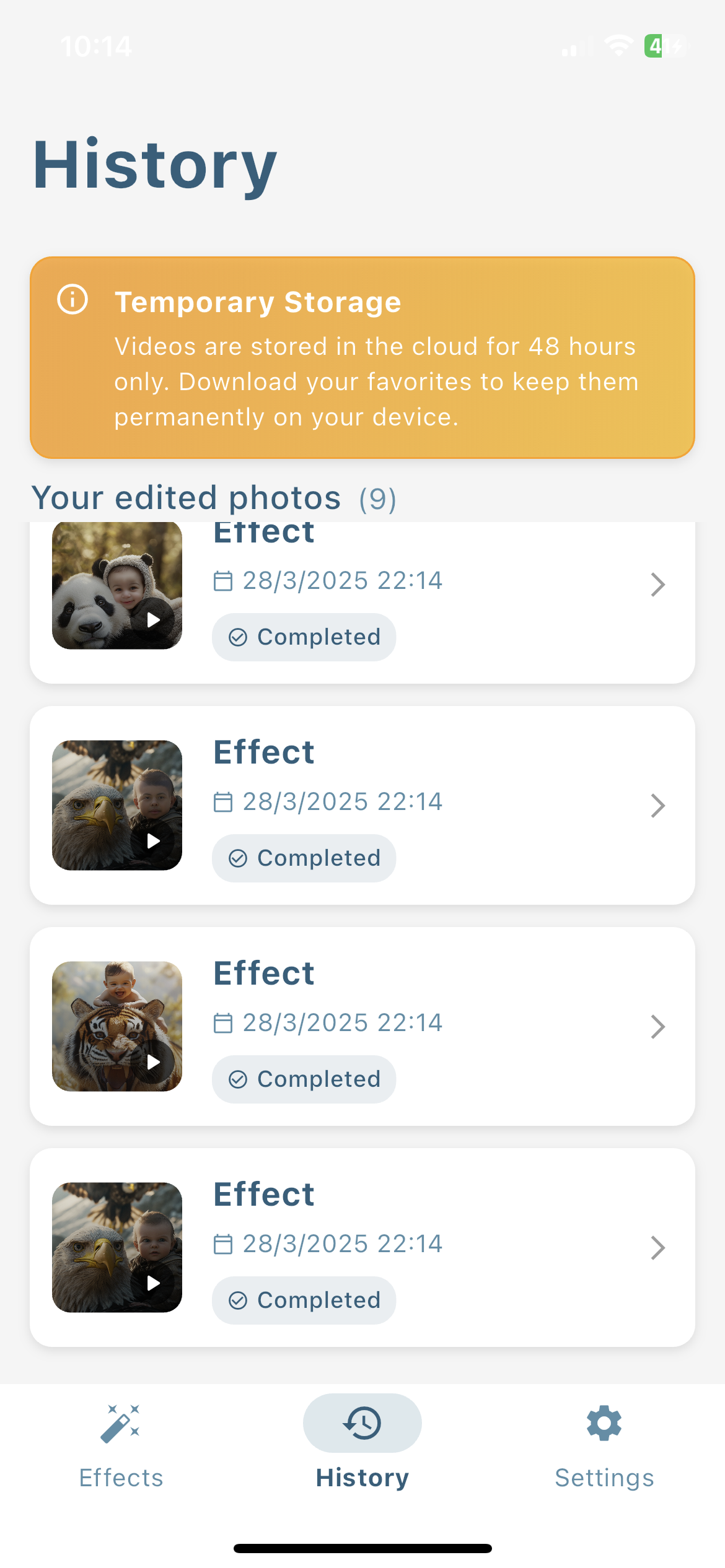 SelfieAI Photo Animation History